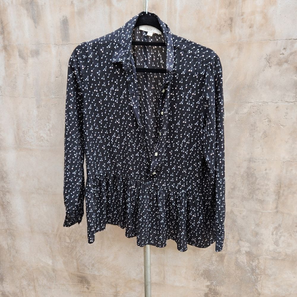 Ann Taylor Loft Black And White Cherry Print Blouse